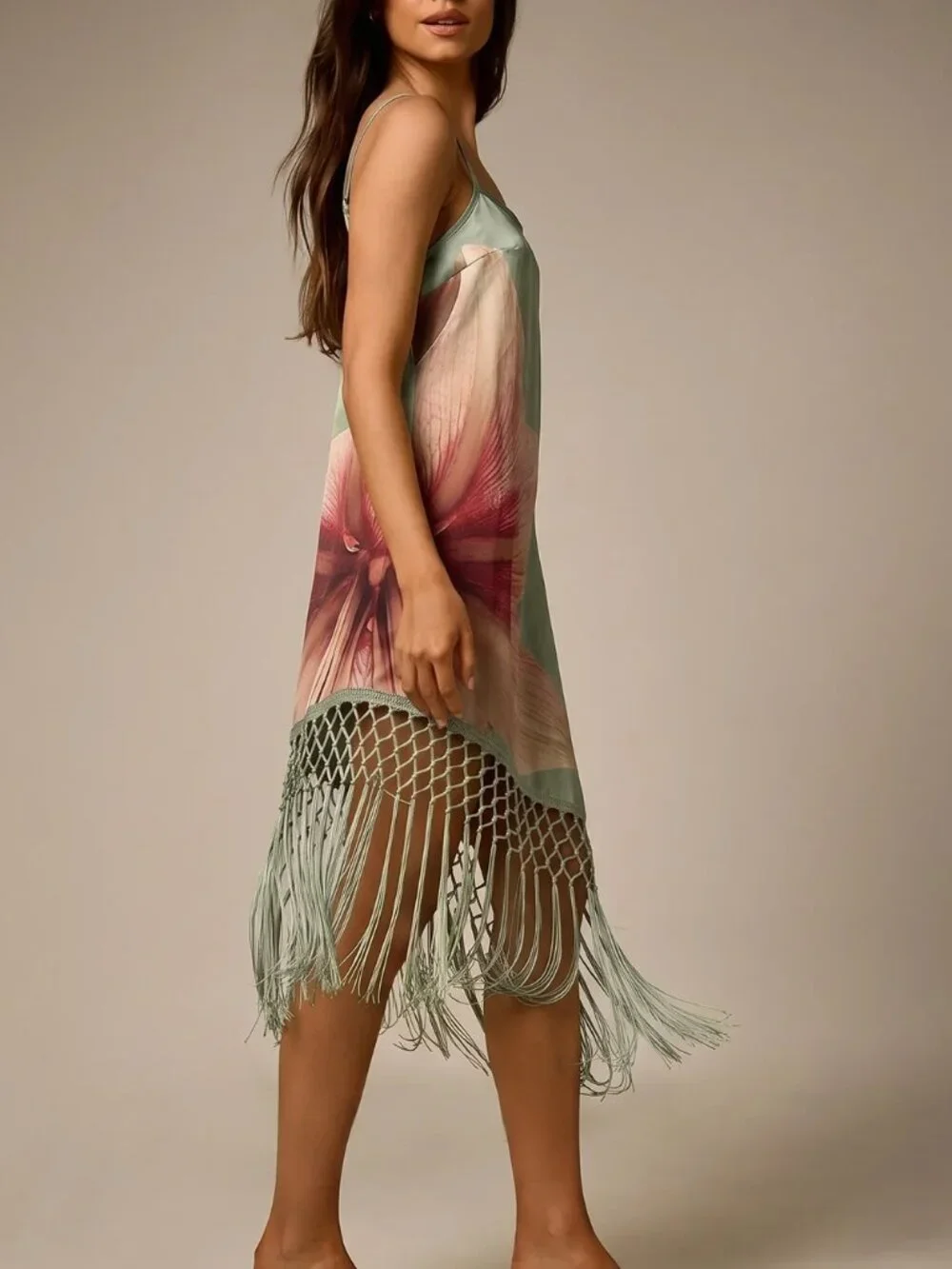 Green Boho Women's Slip Midi Dress With Oversized Floral Print